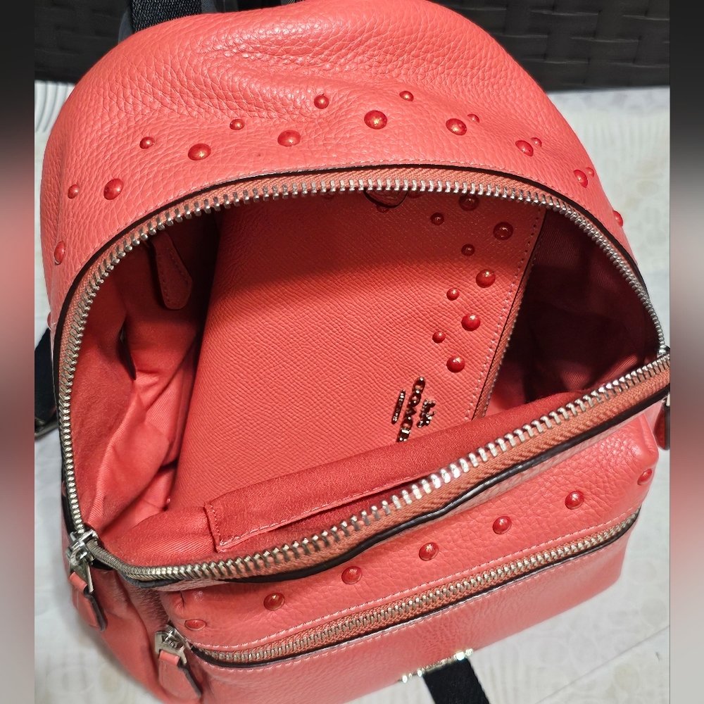 Coach Charlie Mini Coral Leather Backpack & Matching Wallet Studs F45070 Silver - Picture 12 of 14